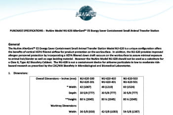 Animal Transfer Station NU-620 (115V) Specification