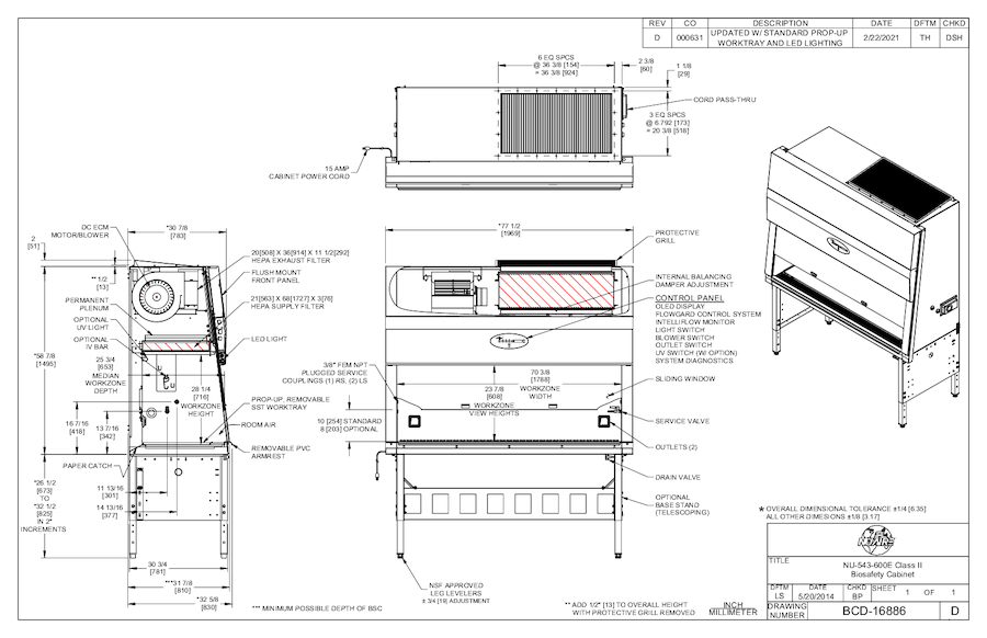 NU-543-600E 230-Volt Biosafety Cabinet Spec Drawing