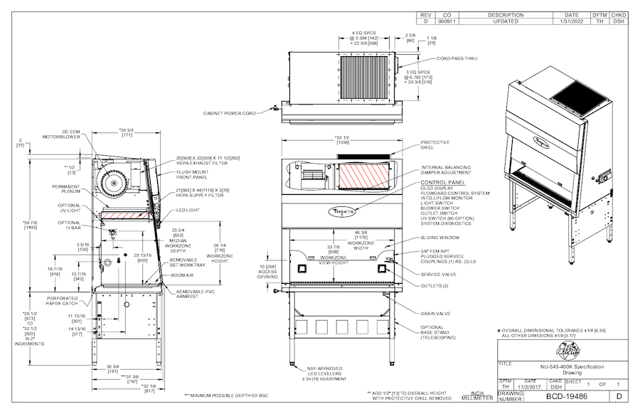 NU-543-400K Class II, Type A2 Biosafety Cabinet Cut Sheet