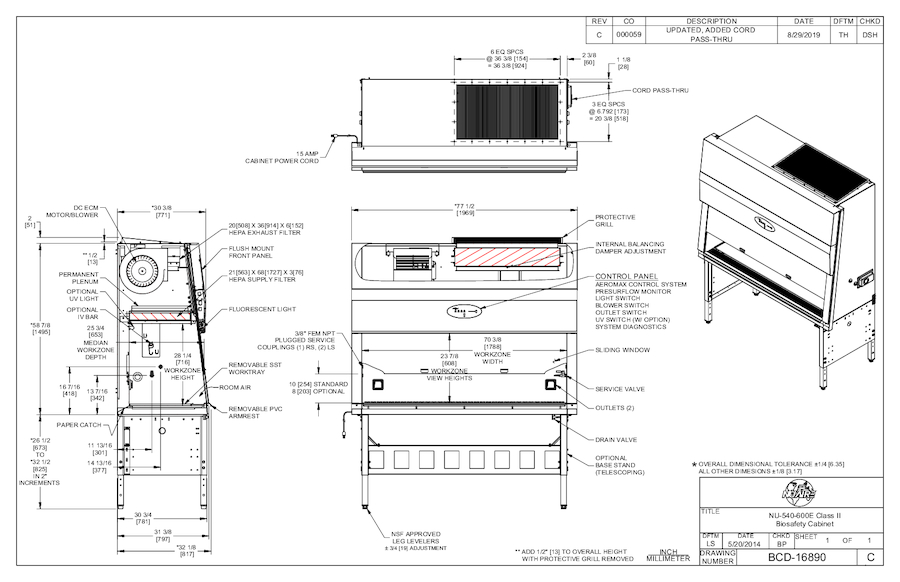NU-540 1.8m 230V Class II Biosafety Cabinet Cut Sheet