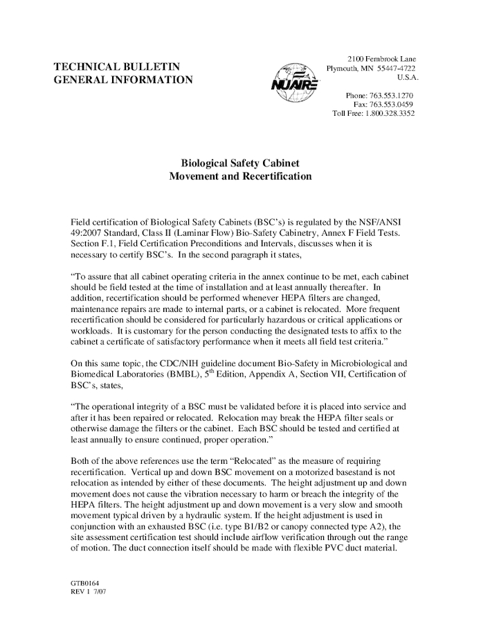 Biosafety Cabinet Movement and Re-Certification