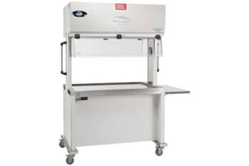 NuAire AllerGard NU-622 dual-sided animal transfer station with HEPA filtration, stainless steel work surface, and mobile caster base.