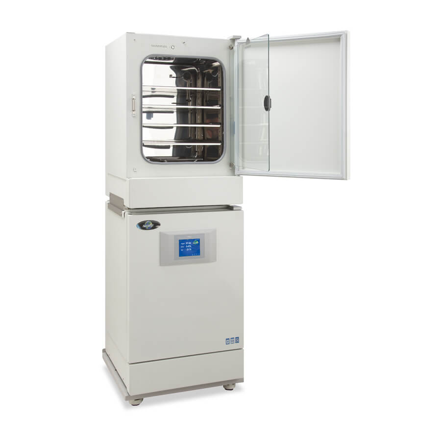 Water jacket co2 incubators installed on castered platform and stacked.